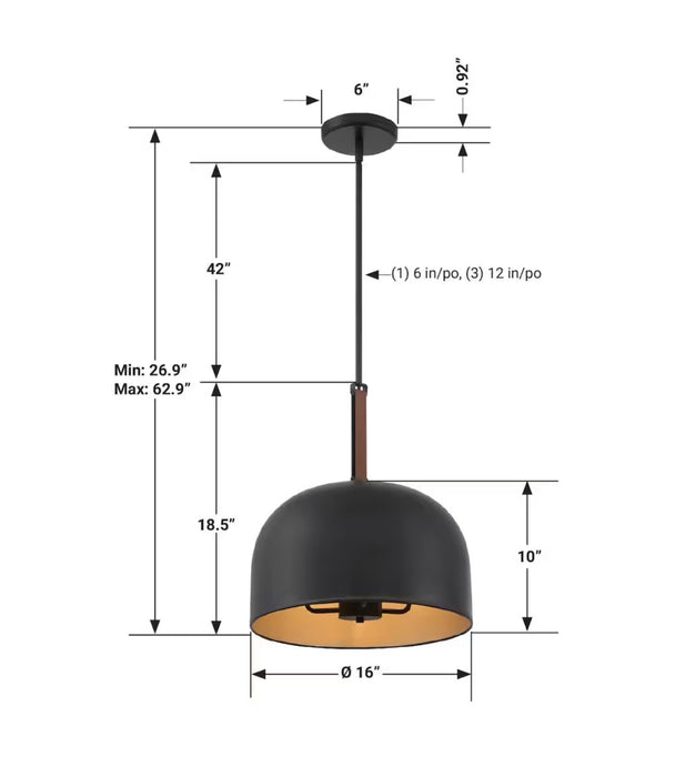 GlucksteinElements Ashcroft 3-Light Matte Black Finish with Leather Accent Industrial Style Hanging Dome Pendant (new)