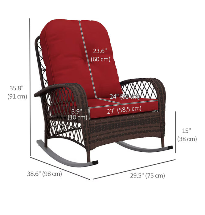Outsunny Rattan Rocking Chair Wicker Patio Rocker Chair with Cushion, Red (new)