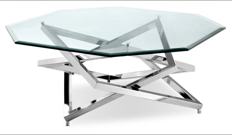 Octagon Glass Top Coffee Table - Silver with Metal Base (Used)