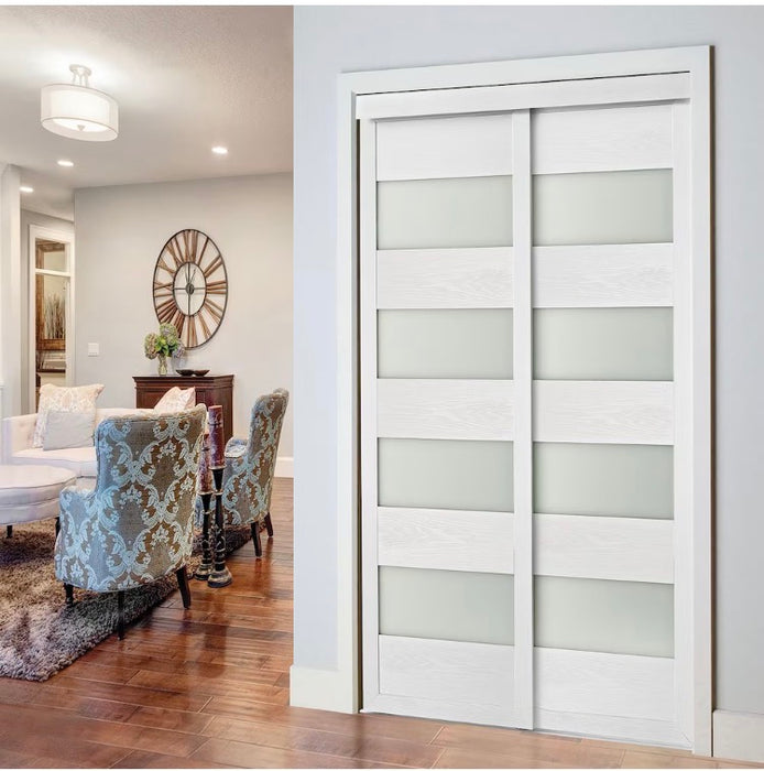 TRUporte 60-inch x 80.5-inch White 4-Lite MDF Frosted Glass Closet Sliding Door