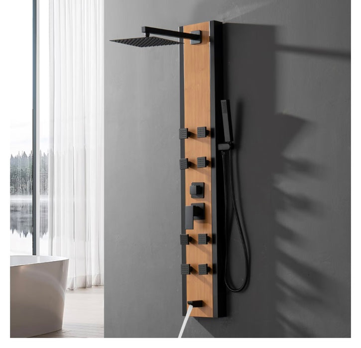 BWE 8-Jet Shower Panel System with Rainfall Waterfall Shower Head and Shower Wand in Black Bamboo (New)