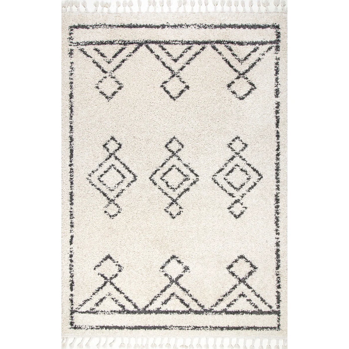 Adian Geometric Accent Shag Rug for Living Room Bedroom Dining Room Nursery Entryway, Off White Charcoal - Rug Size Rectangle 4' x 6' (NEW)