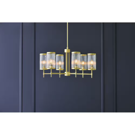 GlucksteinElements Ashbury 6-Light Brushed Brass Cylinder Pendant Adjustable Length Chandelier Reeded Clear Glass (New)