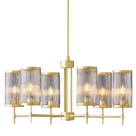 GlucksteinElements Ashbury 6-Light Brushed Brass Cylinder Pendant Adjustable Length Chandelier Reeded Clear Glass (New)