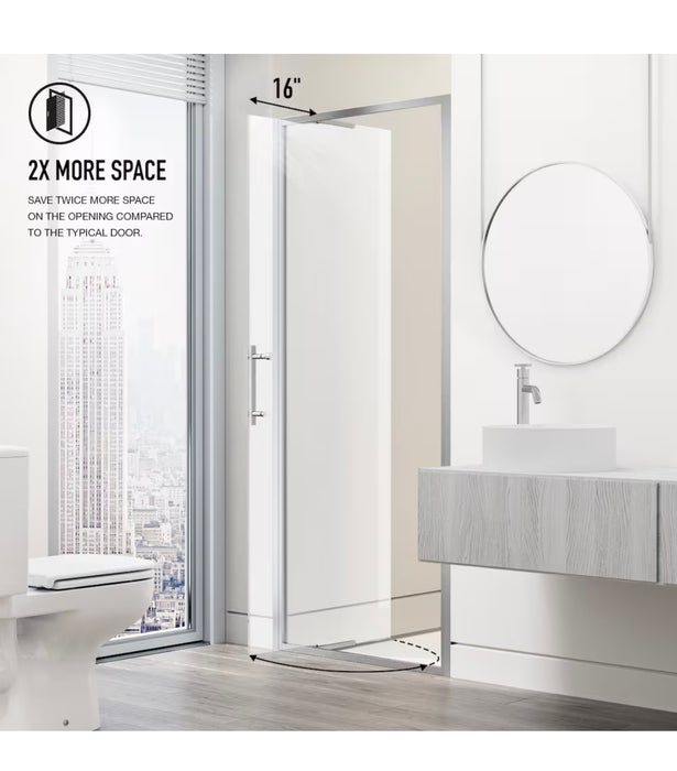 VIGO Astoria 31 to 32 in. W x 76 in. H Framed Pivot Shower Door in Chrome with 8mm Clear Tempered Glass and Handle (new)