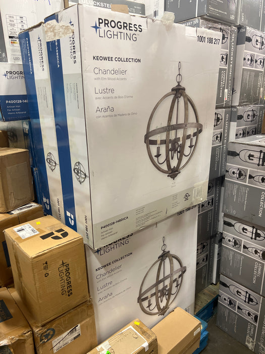 Progress Lighting Keowee 4-Light Artisan Iron Farmhouse Globe Candle-Style Chandelier with Elm Wood Accents
