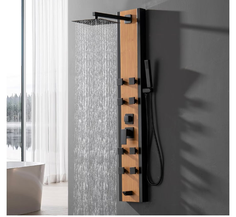 BWE 8-Jet Shower Panel System with Rainfall Waterfall Shower Head and Shower Wand in Black Bamboo (New)