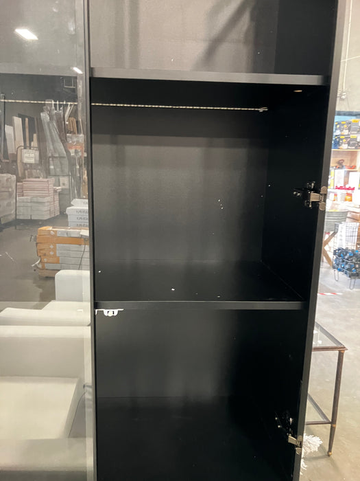 Black Wood Pantry Cabinet with Pop-Up Tempered Glass Doors & 3-Color LED Lighting (Used)