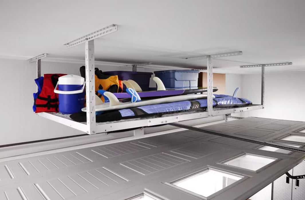 Gladiator GearLoft 48-inch W x 23-inch x 37-inch H x 96-inch L Overhead Garage Storage Rack in Hammered White