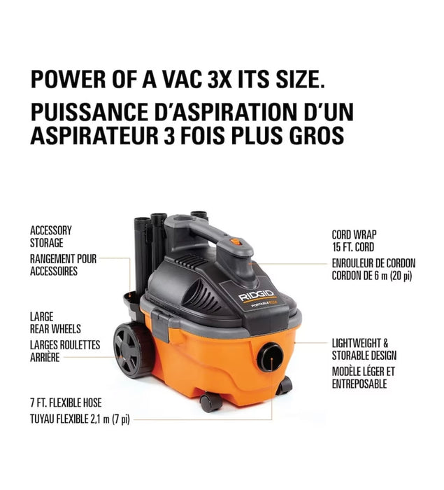 RIDGID 15L (4 Gal.) 5.0 Peak HP Portable Wet Dry Shop Vacuum (new)