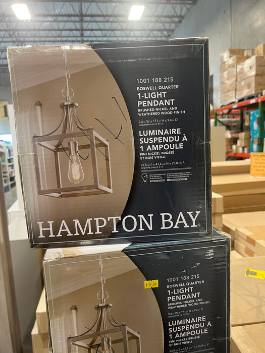 Hampton Bay Boswell Quarter 9.44-inch 1-Light Brushed Nickel Kitchen Island Mini Pendant with Painted Weathered Gray Wood Accents (new)