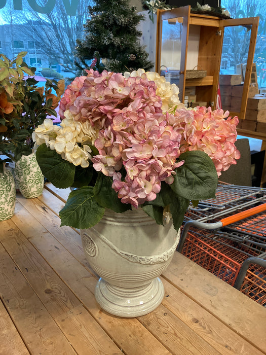 Pink and White Faux Hydrangeas and Ceramic Pot