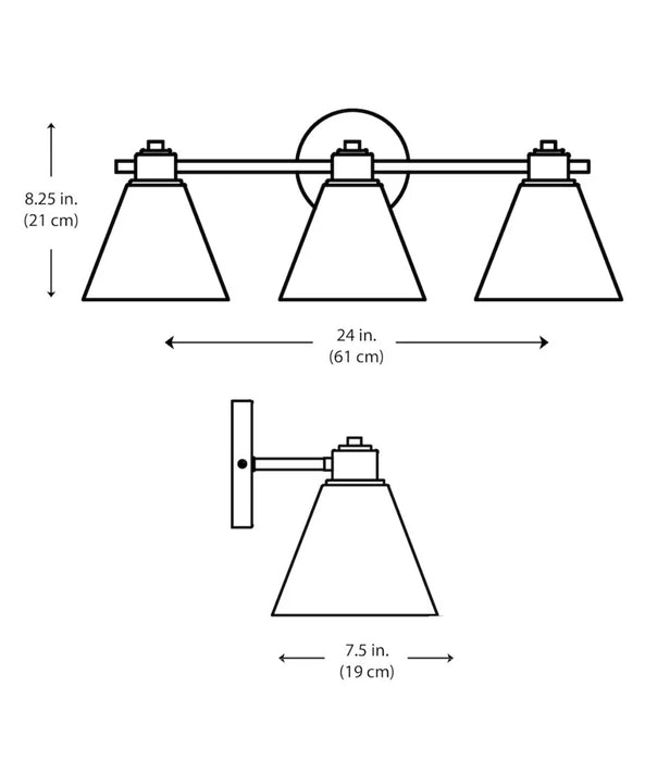 Bel Air Lighting Forge 24 in. 3-Light Black and Gold Bathroom Vanity Light Fixture with Metal Cone Shades (new)