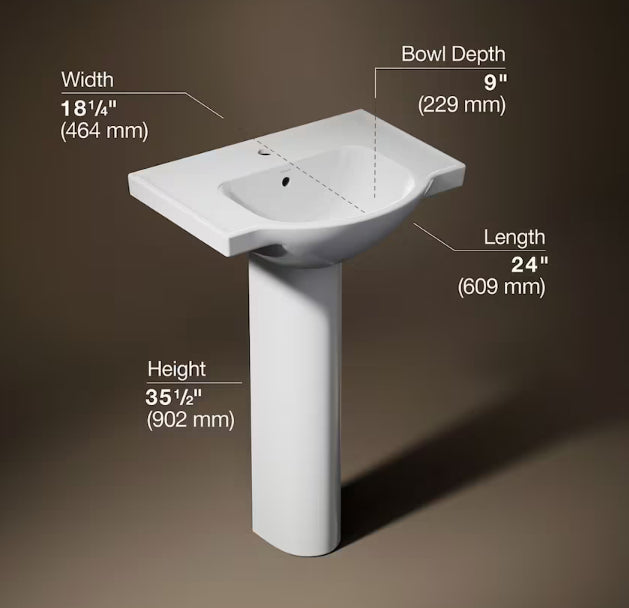 KOHLER 24" Pedestal Bathroom Sink With Single Faucet Hole (New)