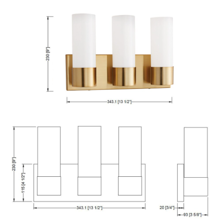 3-Light Bathroom Integrated LED Brushed Gold Vanity Light Linear & Bar White Acrylic Shade (New)