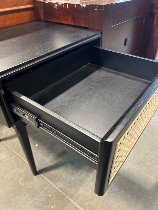 Modern Black Wood Nightstand with Woven Drawer (new)