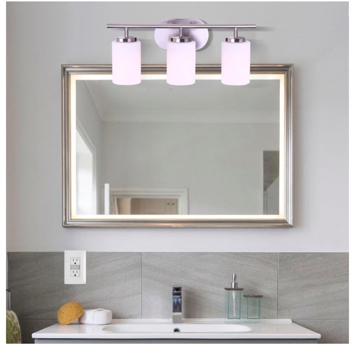 Tatum 3-Light Bathroom Brushed Nickel Vanity Light Transitional Linear & Bar Opal Glass