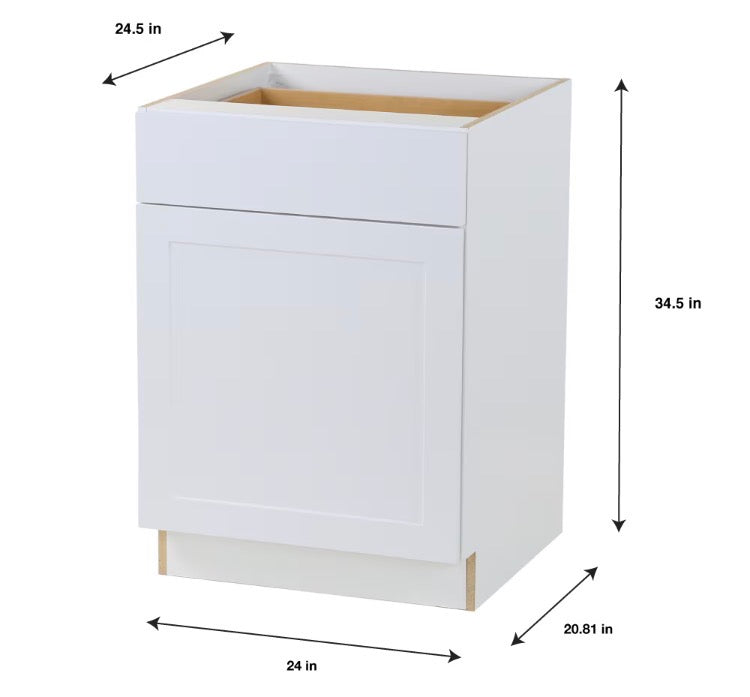 Edson 24 in. W x 35 H x 25 D Assembled Kitchen Door Drawer Base Cabinet, White (B24L)