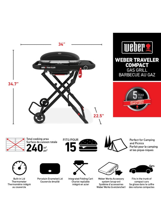 Weber Traveler 1-Burner Compact BBQ Liquid Propane (new)