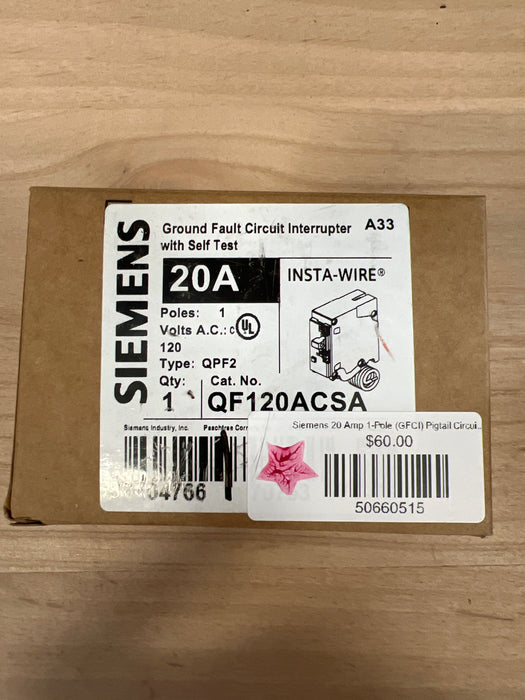 Siemens 20 Amp 1-Pole (GFCI) Pigtail Circuit Breaker (new)
