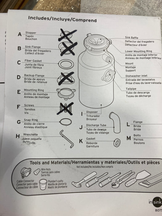 Insinkerator Badger 5 1/2 HP In-Sink Food Waste Disposer (Missing some hardware)