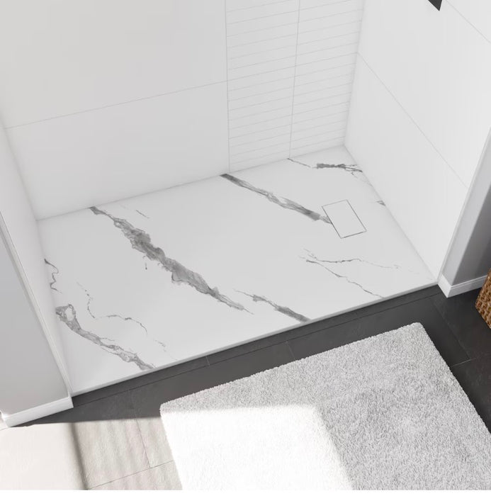 MAAX Stonea 60L x 36W Solid Surface Universal Shower Base in White Marble with Concealed End Drain (new)