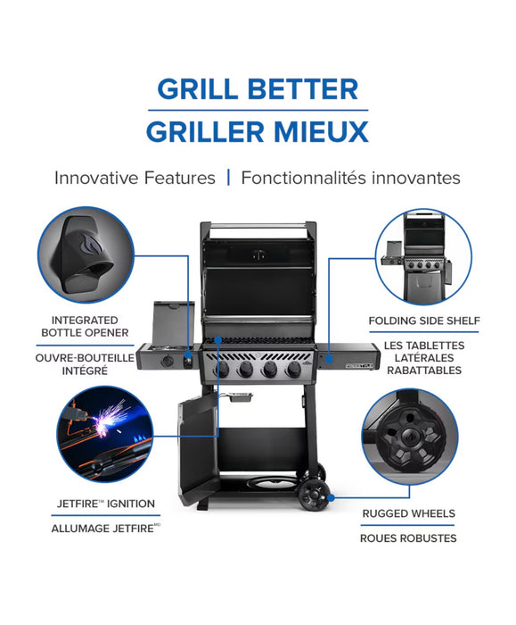 Napoleon Freestyle 425 4-Burner Propane Gas BBQ Grill in Graphite Grey with Range Side Burner (light use)