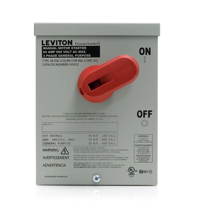Leviton AC Motor Starting Switch 60 A 600 V Toggle in Type-3R Enclosure 3P Industrial Grade - Gray