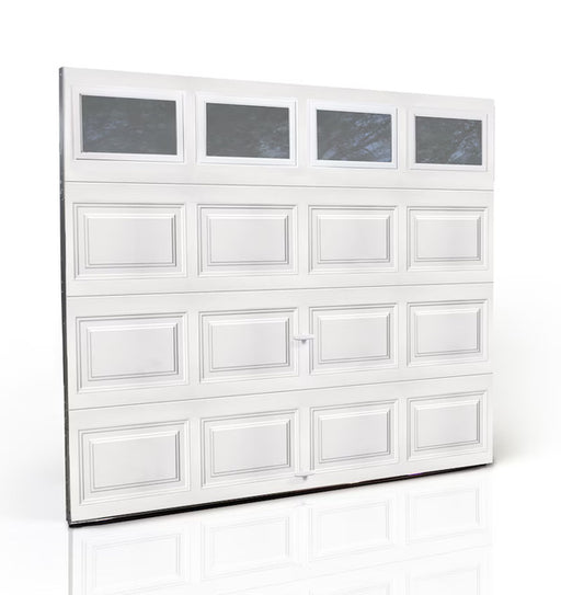 White garage door with glass panels on a white background