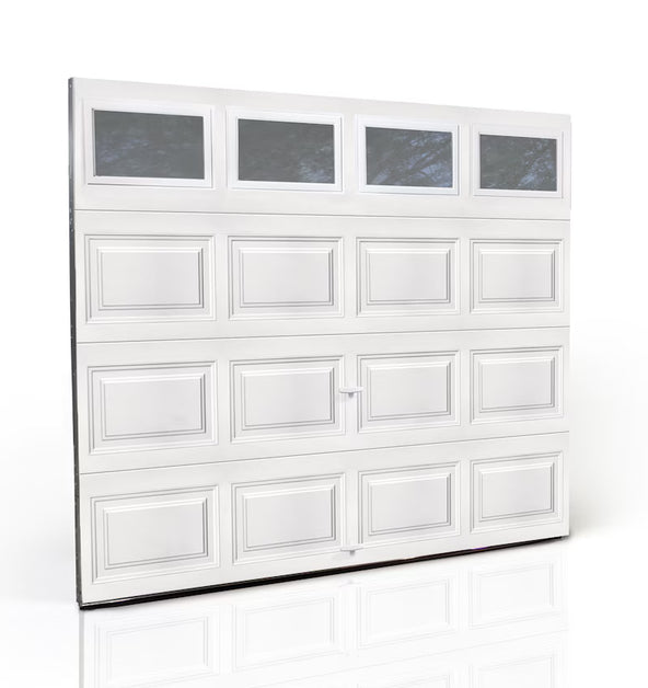 White garage door with glass panels on a white background