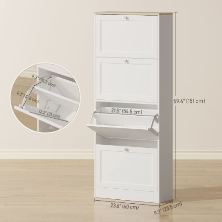 HOMCOM Shoe Cabinet with 4 Flip Drawers & Adjustable Shelves, White (New)