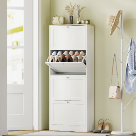 HOMCOM Shoe Cabinet with 4 Flip Drawers & Adjustable Shelves, White (New)