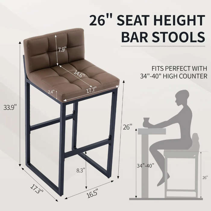 Upholstered Low Back Bar & Counter Stool with Thickened Metal Frame for Kitchen Island - Seat Height Bar Stool (30 Seat Height) , Number of Stools 2, Seat Colour Brown - AF07001292 - (set of 2)