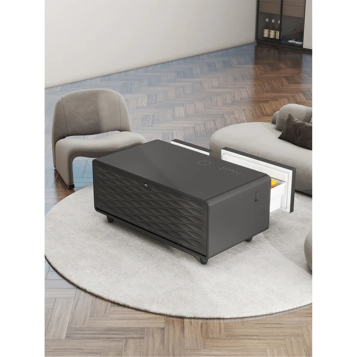 Cherubino Coffee Table with Fridge Cabinet and Bluetooth Stereo with Sockets and Ambient Lighting - Table Base Colour Black - PARTY TIME CT BLACK