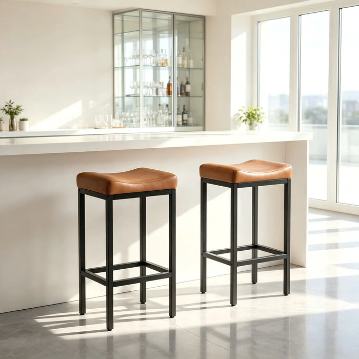 Set of 2, Backless With Soft Leather Seat, 400 Lb Heavy Duty Padded Saddle Chair For Modern Kitchen Island - Seat Colour Brown, Seat Height Short Stool (22.75" Seat Height) - 0024-2