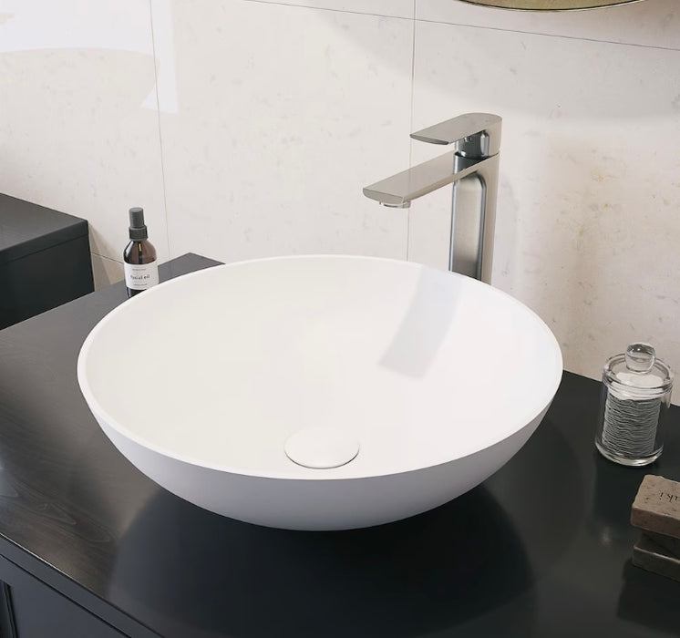VIGO Lotus 16"L x 16"W x 5"H Modern Matte Stone Round Vessel Bathroom Sink in White (New)
