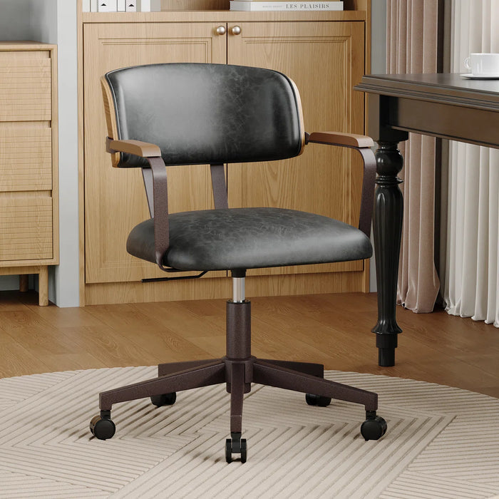 Mid-Century Modern Faux Leather Office Chair with Wood Accents, Adjustable Height Task Chair - Upholstery Colour Black Grey - DC-O01-BLACKGREY