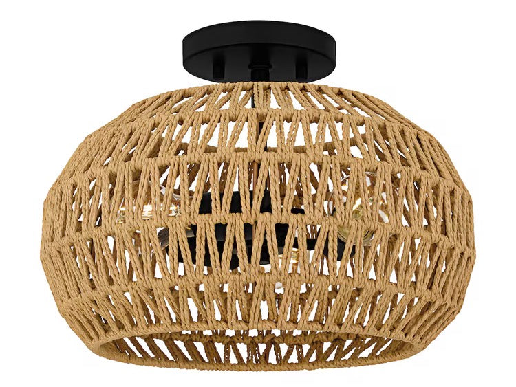 3-Light Matte Black Semi-Flush Mount Light with Natural Finish Shade