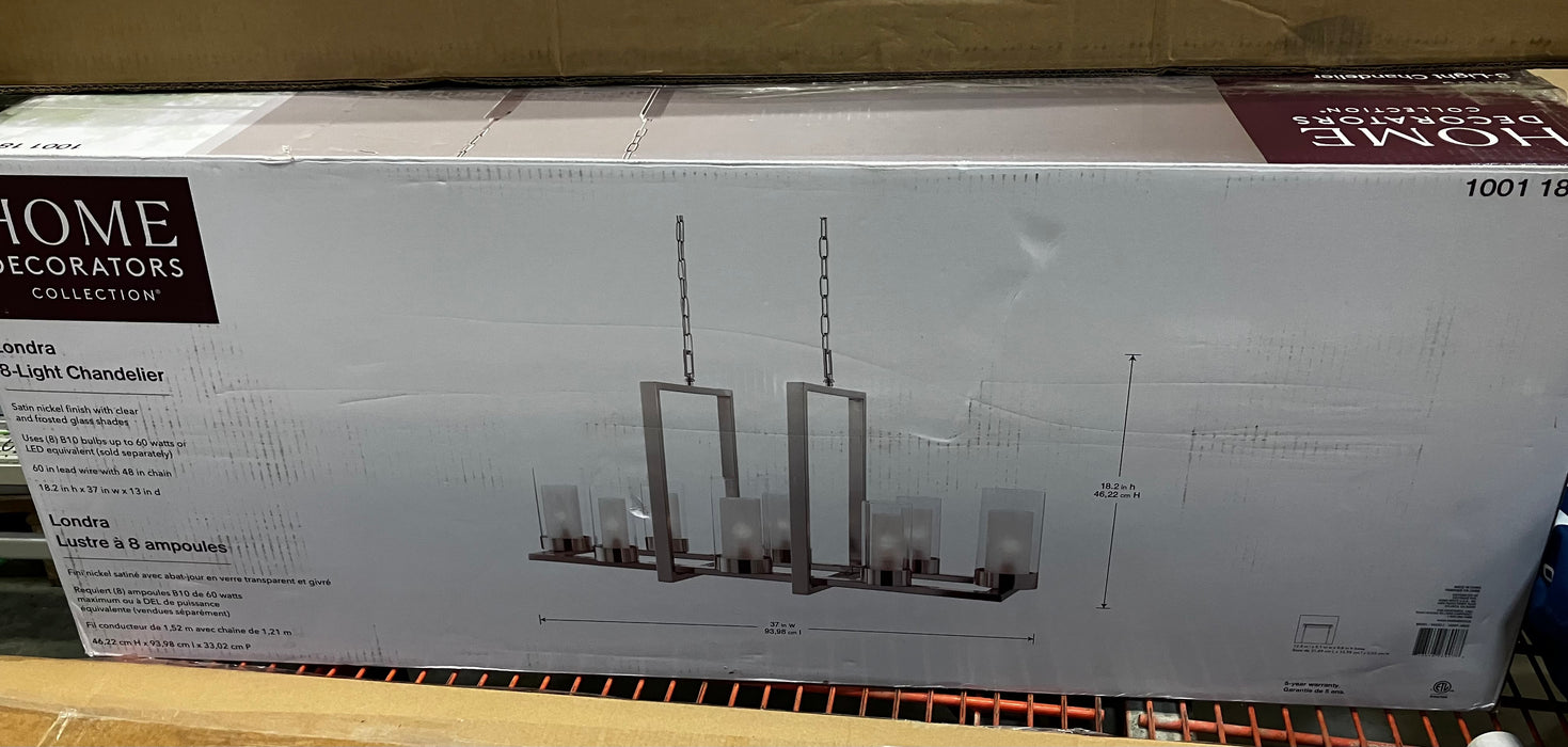 Home Decorators Collection Londra 8-Light Satin Nickel Linear Candle-Style Double Glass Adjustable Length Chandelier (New)