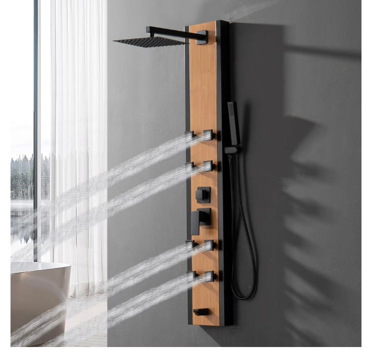 BWE 8-Jet Shower Panel System with Rainfall Waterfall Shower Head and Shower Wand in Black Bamboo (New)