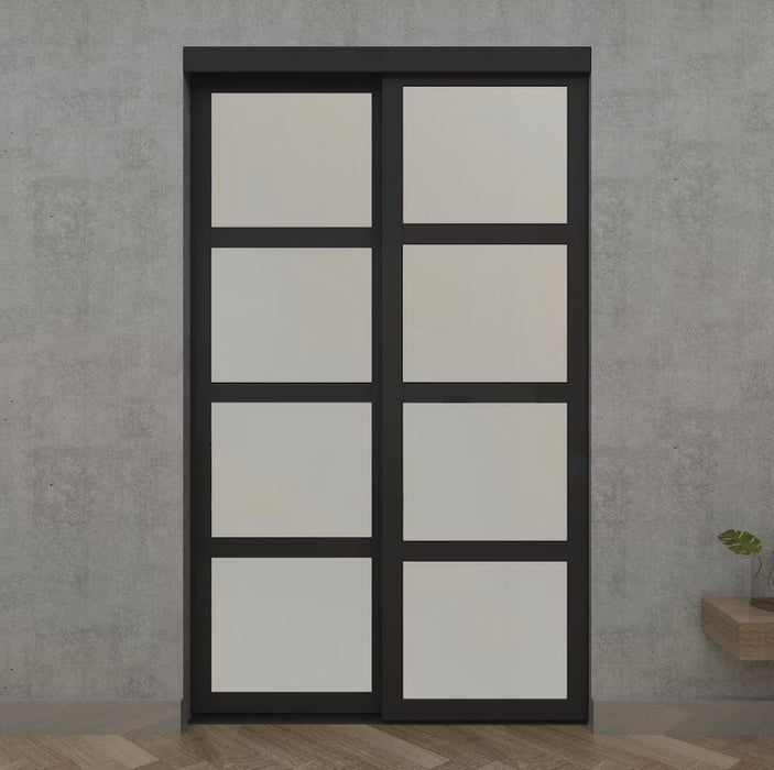 TRUporte 48-inch x 80.5-inch Black Vision Plus 4-Lite MDF Frosted Glass Closet Sliding Door