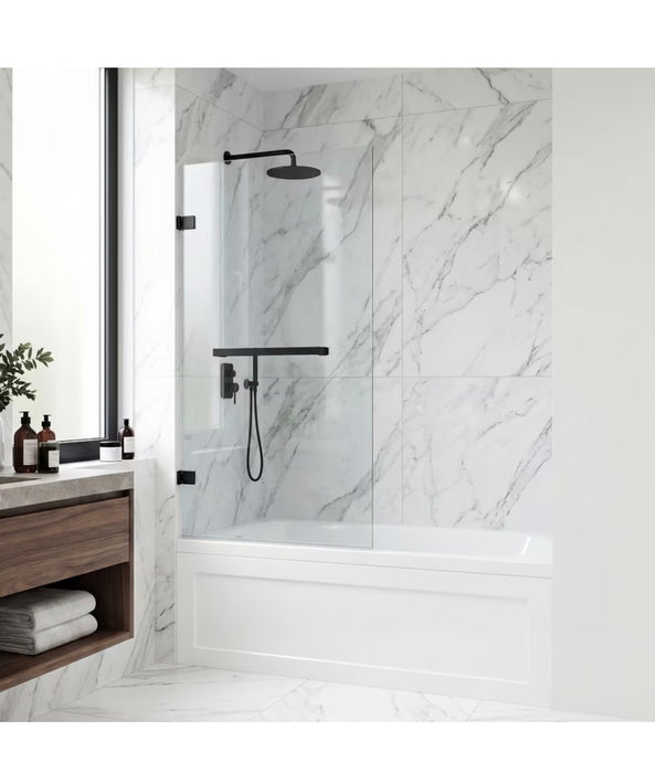 VIGO Rialto 34 in. W x 58 in. H Frameless Hinged Bathtub Door in Matte Black with Clear Glass and Handle (new)