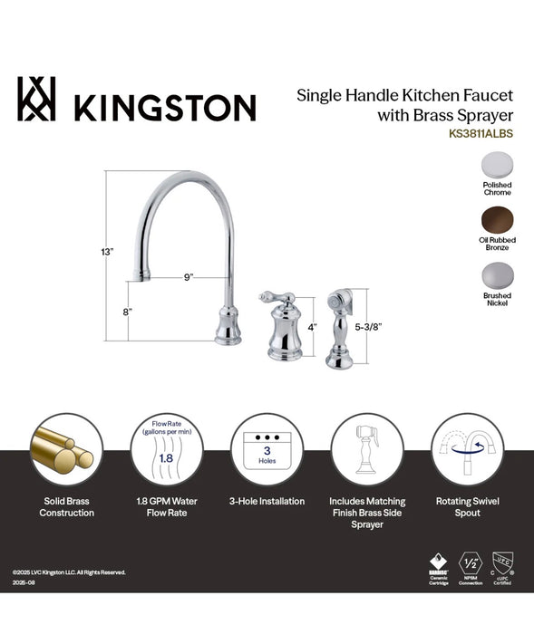 Kingston Tulare KS3818ALBS - Restoration Single-Handle 3-Hole Widespread Kitchen Faucet with Brass Sprayer, Brushed Nickel (new)