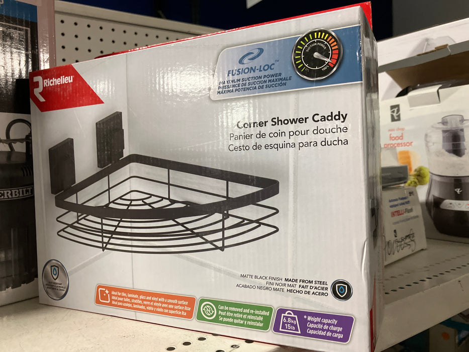 Richelieu Bathroom Shower Corner Storage Basket, 15 lb (6.8 Kg) Capacity Fusion-Loc Suction Cups, Matte Black