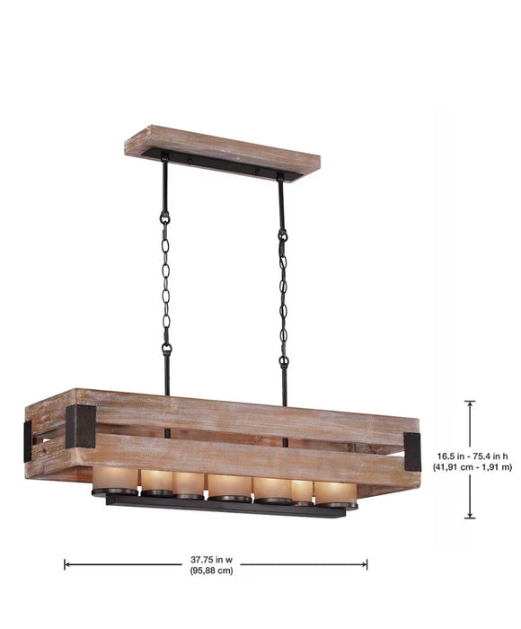 Ackwood 7-Light Rustic Wood Farmhouse Linear Adjustable Length Chandelier Frosted Glass  (new)