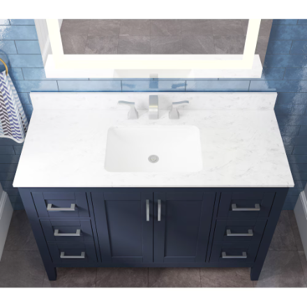 Ellia 48-inch W x 20-inch D 2-Door & 6-Drawer Navy Wood Bathroom Vanity Single Undermount Sink with White Engineered Carrera Stone Top (New)