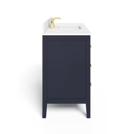 Ellia 48-inch W x 20-inch D 2-Door & 6-Drawer Navy Wood Bathroom Vanity Single Undermount Sink with White Engineered Carrera Stone Top (New)