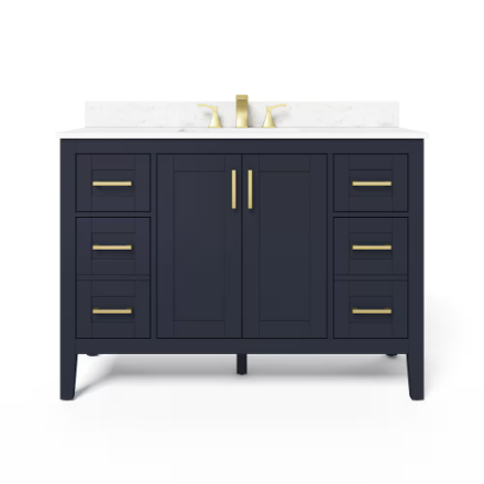 Ellia 48-inch W x 20-inch D 2-Door & 6-Drawer Navy Wood Bathroom Vanity Single Undermount Sink with White Engineered Carrera Stone Top (New)