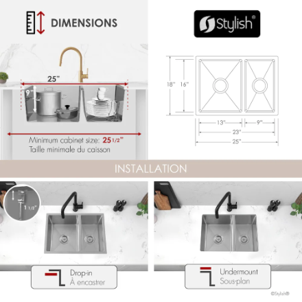 Stylish Dualmount 25 inch Stainless Steel 60/40 Double Bowl Kitchen Sink (New)