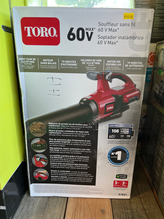 Toro 60V Max 110 MPH 565 CFM Lithium Ion Cordless Leaf Blower with 2.5 Ah Lithium Battery and Charger (new)
